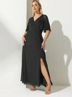 New Yours Curve London Glitter Wrap Mesh Maxi Dress Black