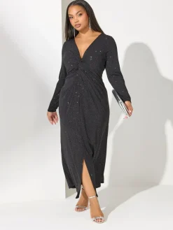 Clearance Yours Curve Black London Glitter Long Sleeve Knot Maxi Dress
