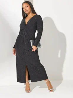 Clearance Yours Curve Black London Glitter Long Sleeve Knot Maxi Dress