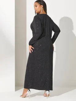 Clearance Yours Curve Black London Glitter Long Sleeve Knot Maxi Dress