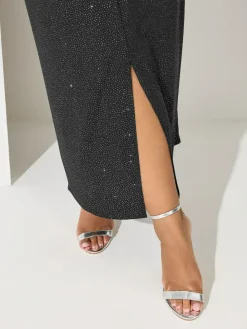 Clearance Yours Curve Black London Glitter Long Sleeve Knot Maxi Dress