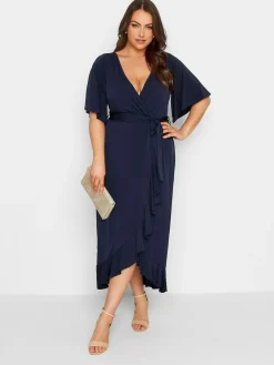 Discount Yours Curve Blue London Ruffle Wrap Dress