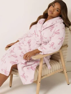 Yours Curve Pink Fluffy Bows Shawl Collar Robe^Women Bathrobes