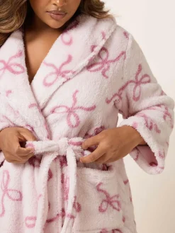 Yours Curve Pink Fluffy Bows Shawl Collar Robe^Women Bathrobes