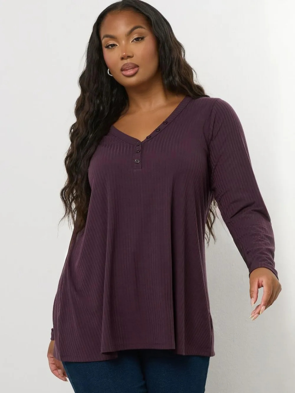 Sale Yours Curve Henley Ribbed Swing Blouse Purple