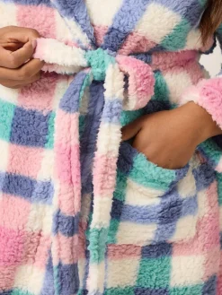 Yours Curve White Check Borg Shawl Robe^Women Bathrobes