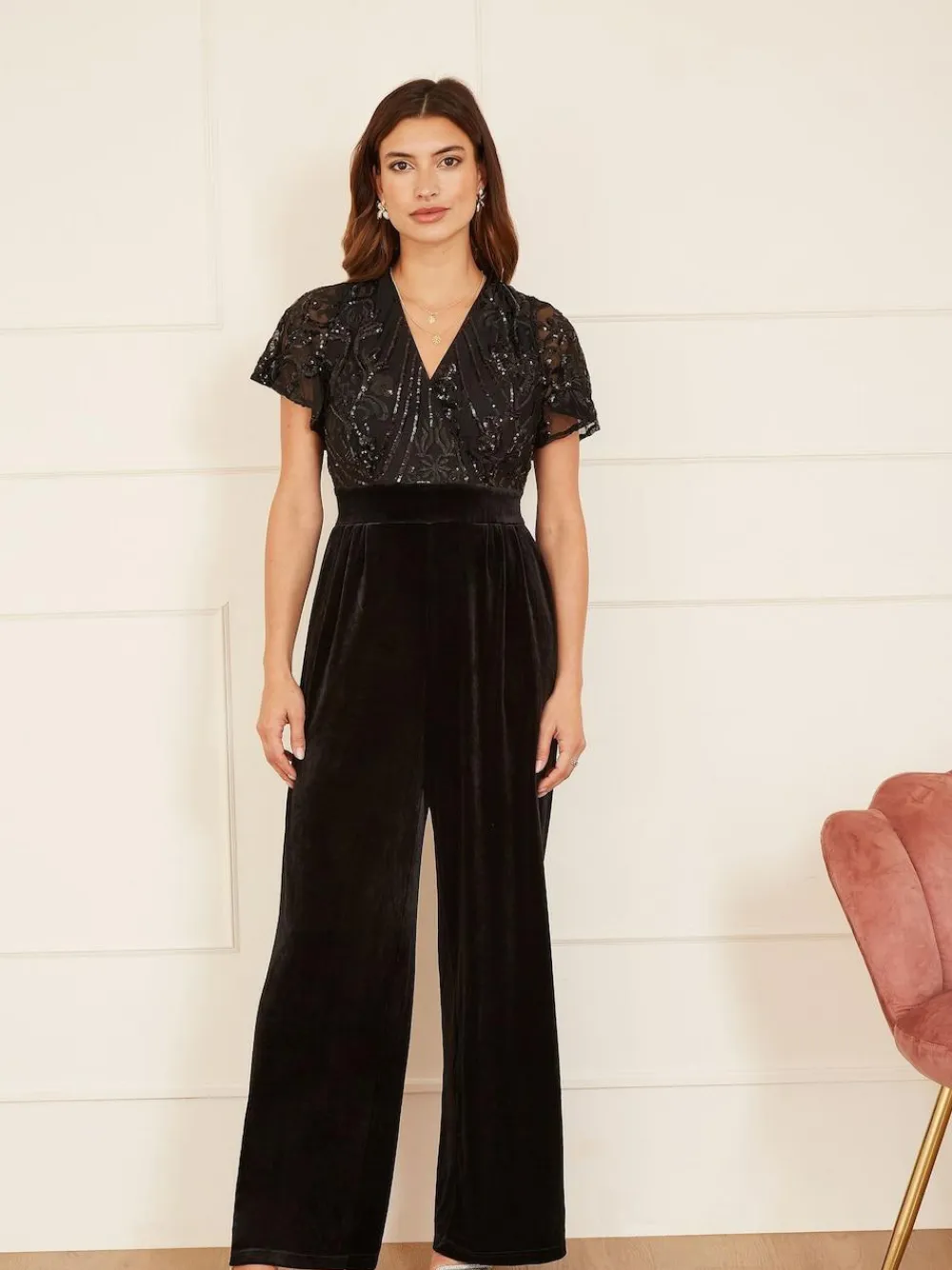 Sale Yumi Sequin Embellished Velvet Jumpsuit With Angel Sleeves Black