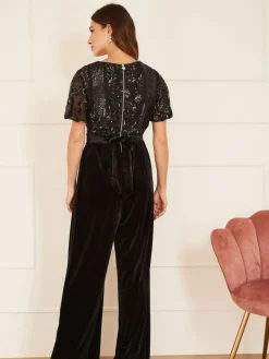 Sale Yumi Sequin Embellished Velvet Jumpsuit With Angel Sleeves Black