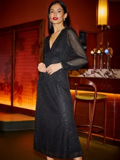 Yumi Black Sequin Long Sleeve Midi Dress^Women Midi Dresses