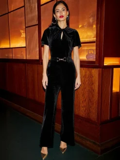 Yumi Black Velvet Jumpsuit With Twist Neckline And Buckle Belt^Women Jumpsuits & Playsuits
