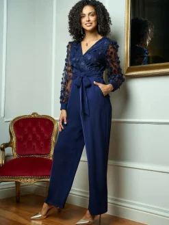 Sale Yumi Blue Flower Appliqué Jumpsuit