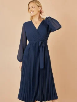 Hot Yumi Pleated Wrap Midi Dress With Sheer Long Sleeves Blue