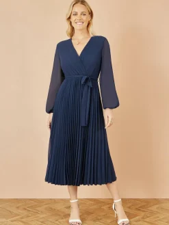 Hot Yumi Pleated Wrap Midi Dress With Sheer Long Sleeves Blue
