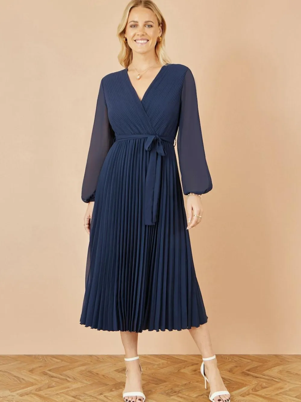 Hot Yumi Pleated Wrap Midi Dress With Sheer Long Sleeves Blue