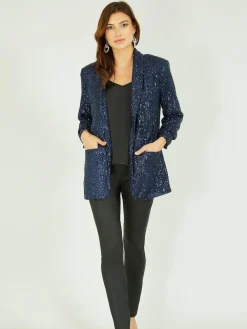 New Yumi Sequin Blazer With Pockets Blue