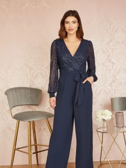 Sale Yumi Blue Sequin Jumpsuit With Long Sleeves
