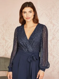Sale Yumi Blue Sequin Jumpsuit With Long Sleeves