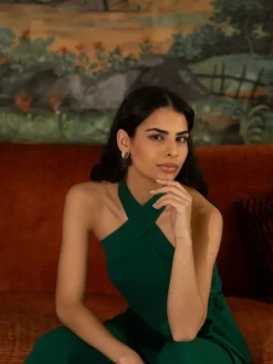 Hot Yumi Green Cross Over Halter Neck Jumpsuit