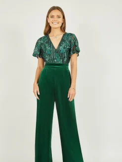 Online Yumi Sequin Embellished Velvet Jumpsuit With Angel Sleeves Green