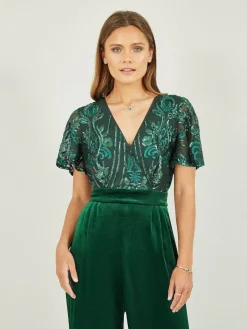 Online Yumi Sequin Embellished Velvet Jumpsuit With Angel Sleeves Green