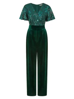 Online Yumi Sequin Embellished Velvet Jumpsuit With Angel Sleeves Green