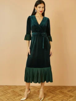 Sale Yumi Green Velvet Wrap Midi Dress With Contrast Hemline