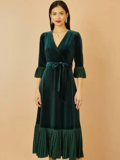 Sale Yumi Green Velvet Wrap Midi Dress With Contrast Hemline