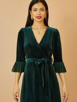 Sale Yumi Green Velvet Wrap Midi Dress With Contrast Hemline