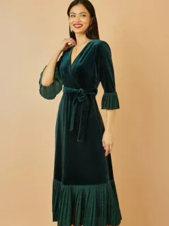 Sale Yumi Green Velvet Wrap Midi Dress With Contrast Hemline